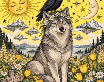 Lemon & Lupine Printable Junk Journal Kit, 24 Page Yellow Wolf Raven Sun Moon Stars Digital Journal, 5x7 Whimsical Wilderness Ephemera