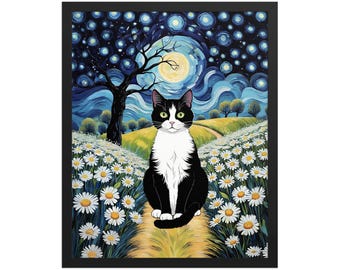 Tuxedo Cat Starry Night Poster, Daisy Field Wall Art, Black White Cat Decor