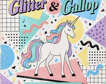 Glitter and Gallop Unicorn Junk Journal Kit for Kids, Retro 1980s Printable, Memphis Pastel Pages, Tags, Washi Tape, Digital Download
