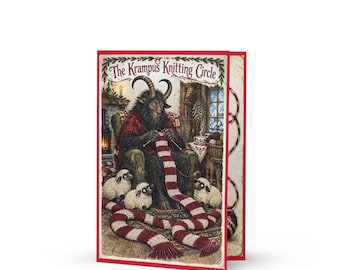 Krampus Knitting Circle Christmas Card, Funny Knitter Holiday Greeting, Vintage Folk Horror 5x7