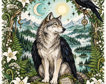 Fern & Fang Junk Journal Kit, Green Wolf Raven Printable, Funky Celestial Woodland Scrapbook, Sun Moon Stars Ephemera, Digital Download
