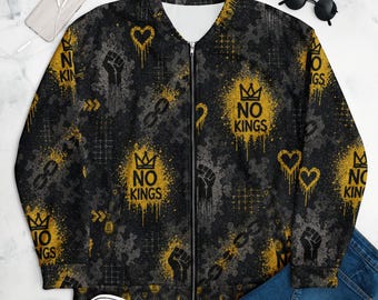 No Kings Bomber Jacket, Graffiti Streetwear, Unisex AOP Activist Jacket