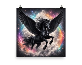 Black Pegasus Poster, Fantasy Horse Wall Art, Celestial Winged Horse Print, Cosmic Unicorn Decor