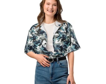 Storm Front Camo Button Shirt, Blue Gray Camouflage Camp Shirt, Unisex Oversized Shirt, Storm Chaser Gift, Weather Lover Top