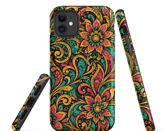 Colorful Mandala Phone Case, Stained Glass Flower Tough Case, Teal Pink Gold Botanical Tough Case for iPhone®