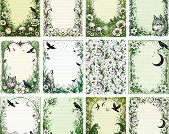 Woodland Botanical Wolf Stationery, Raven Moon Gothic Writing Paper (Digital Download)