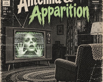 Spooky TV Horror Junk Journal Kit, 24 Square Printable Scrapbook Pages | Antenna & Apparition