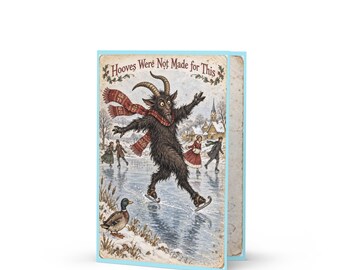 Krampus Ice Skating Christmas Card, “Hooves Were Not Made for This,” Funny New Year Greeting, 5x7