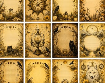 Celestial Woodland Wolves Writing Paper, Vintage Cottagecore Gothic Digital Download, 12 Printable Journal Pages