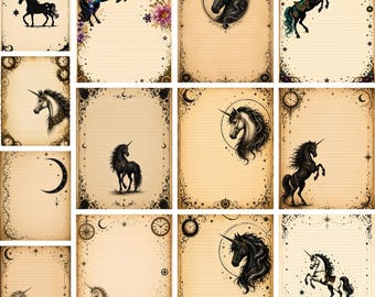 Steampunk Unicorn Stationery Set, Printable Junk Journal Pages, Fantasy Writing Paper, Vintage Unicorn Journal Kit, Digital Download