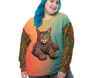 Boho Floral Sleeve Crewneck Sweatshirt for Cat Lovers