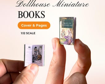 Portadas de libros en miniatura imprimibles a escala 1:12 con páginas interiores para libros de casas de muñecas.