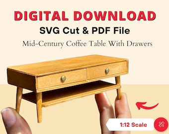 SVG and PDF file for 1:12 scale dollhouse miniature | modern dollhouse coffee table with drawers