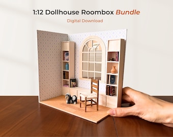Pacchetto Roombox per casa delle bambole in scala 1:12, biblioteca in miniatura con progetti SVG e PDF, più 26 mattoni senza giunture, carta da parati e pavimenti in parquet, download digitale.