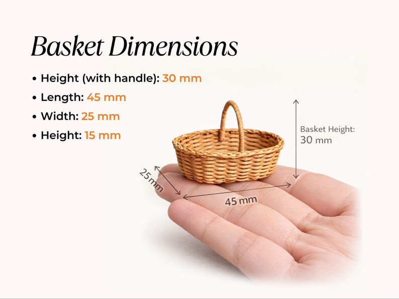 Dimensions of a 1:12 scale dollhouse miniature woven oval basket with handle shown on a hand. The DIY miniature basket measures 45 mm length, 25 mm width, 15 mm height, and 30 mm height with handle, demonstrating the size of the dollhouse basket for miniature crafting.