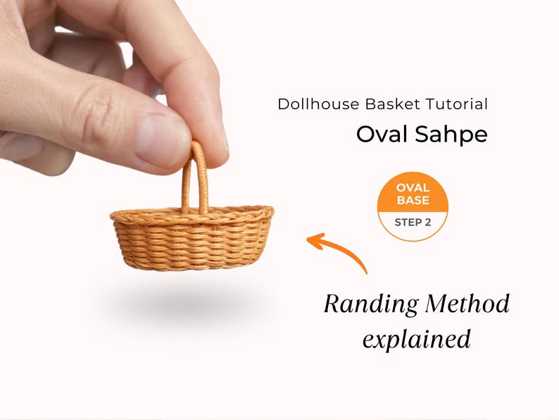 Step 2 of a dollhouse miniature basket tutorial showing how to shape an oval basket using the randing weave technique. A tiny 1:12 scale woven dollhouse basket with handle is held between fingers, demonstrating the DIY miniature basket weaving method for dollhouse miniatures.