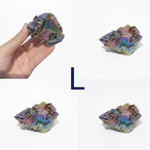 May include: Four bismuth crystals with a metallic, iridescent appearance. The crystals display a range of colors, including blues, greens, yellows, and purples. One crystal is held in a hand. The letter "L" is in the image.