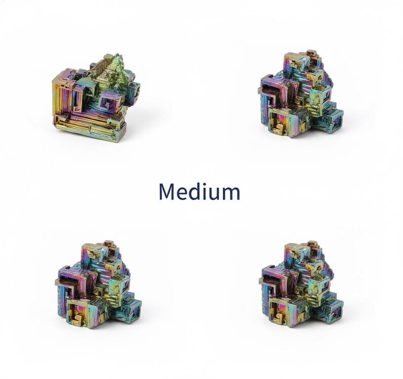 May include: Four medium-sized bismuth crystals with a vibrant, iridescent surface. The crystals display a range of colors, including blues, greens, yellows, and purples. The word "Medium" is printed in navy blue below the crystals.