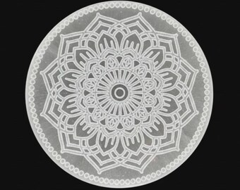 Discos de Carregamento de Selenita 8–10 cm | Placa de Cristal Gravada para Limpeza, Cura Energética, Meditação e Reiki