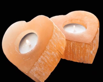 Porta-velas de selenita em formato de coração laranja, cristal curativo natural de 8 a 10 cm
