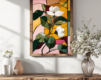 Impression d’art « abstrait » | Style Picasso | symphorine blanche | feuilles | jaune | rose