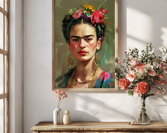 Kunstafdruk | Frida Kahlo | aardetinten | groen | roze bloemen | olieverf
