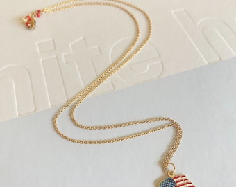 American Flag Charm Necklace, 14k Gold Charm Necklace, Patriotic Gift, Fourth of July Jewelry, Independence Day necklace