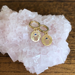 Hamsa hand earrings, gold charm hoop earrings, protection earrings, gift for the spiritual girl