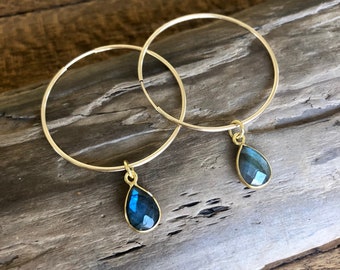 14k Gold Filled Hoop Earrings: Labradorite Teardrop Charms (30mm)