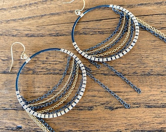 Mixed metal statement earrings, 14k gold fill and oxidized silver chain earrings.