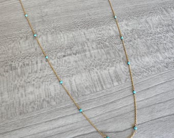 Long Turquoise Necklace, Dainty Beaded Turquoise and 14k Gold Filled Necklace, Layering Necklace