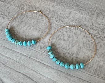Gold Filled Turquoise Hoop Earrings: Boho Statement Jewelry