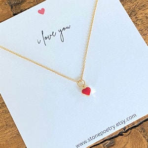 Red Heart charm necklace, 14k gold hand painted enamel heart, gift for girlfriend, gift for daughter, gift for wife, dainty heart necklace