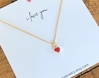 14k gold Heart charm necklace, Mother's Day gift, 14k gold and enamel heart charm. Tiny heart charm necklace.