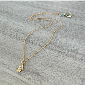 Gold Evil Eye Necklace Minimalist Hamsa Hand For Protection Amulet Gift For Her 14k Solid Gold Dainty Layering Thin Chain