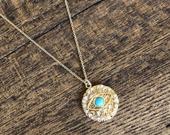 Turquoise evil eye necklace, gold evil eye pendant necklace.