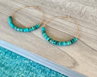 Turquoise Hoop Earrings: 14k Gold Filled Boho Hoops, Natural Blue-Green Beads