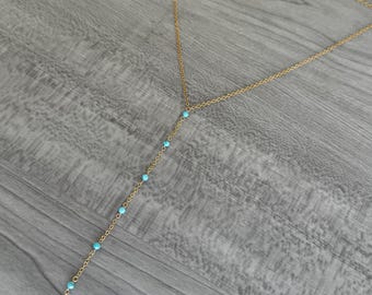 Collar largo turquesa, collar en Y chapado en oro de 14k, delicado collar colgante de turquesa, collar minimalista para combinar con otros collares, piedra de nacimiento de diciembre