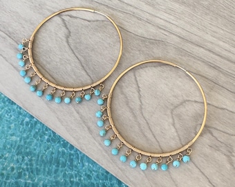 Stora turkosa ringörhängen 14k guldfyllda | Handgjorda trådlindade boho ringar | Eleganta turkosa smycken, present till henne