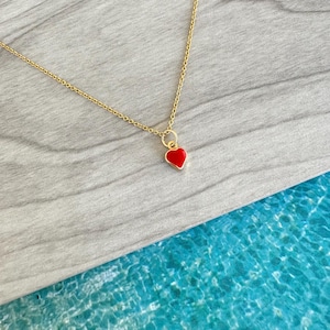 Dainty Red Heart Love Necklace 14k Gold Minimalist Hamdmade Gift For Her + Tiny Heart Layering Necklace + Red enamel Heart gift necklace