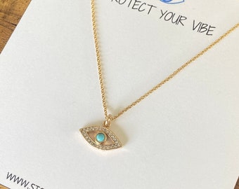 Evil Eye necklace, 14k gold fill and Turquoise evil eye charm necklace. Protection jewelry