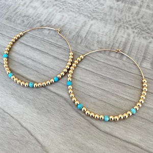 14k Gold Filled Turquoise Hoop Earrings | 1.5 Inch Beaded Hoops | Lightweight Minimalist Gold Hoops | Handmade Turquoise Jewelry