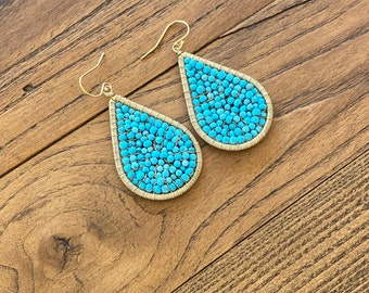 Turquoise and gold large tear drop earrings. 14k Gold filled and turquoise stone earrings. Wire wrapped and woven turquoise teardrops.