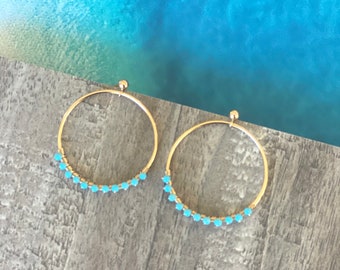 Turquoise 14k Gold Filled Hoop Earrings: Handmade Wire Wrapped