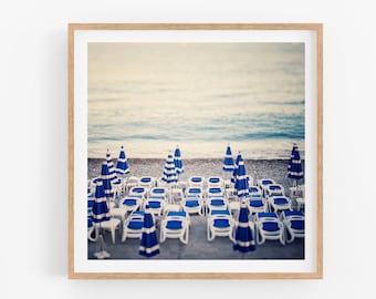 French Riviera, Beach Photography, Summer Vacation, Blue and White Beach Umbrellas, Beach Art, Nice France, Square 12x12 Print "Azure"