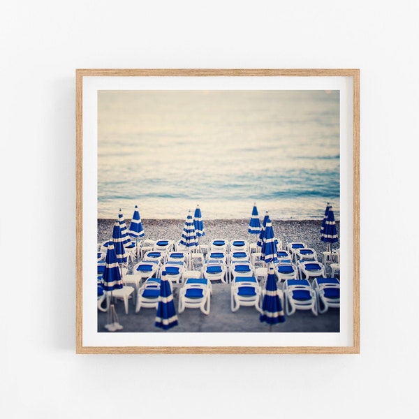 French Riviera, Beach Photography, Summer Vacation, Blue and White Beach Umbrellas, Beach Art, Nice France, Square 12x12 Print "Azure"