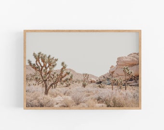 Joshua Tree Desert Print, Southwestern Landscape Photography, Boho Decor, Neutral Beige Cactus Print, Horizontal Wall Art