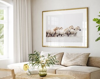 White Horse Photography Print, Camargue Wild Horse Print, Neutral Beige Minimalist Wall Art, Large Nature Print