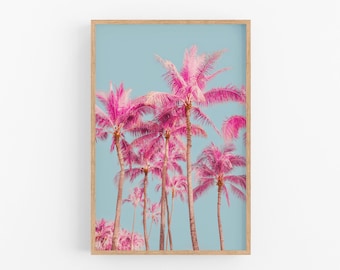 Pink Palm Trees Beach Photography Print, Girly Wall Art, Pastel Girl's Room Wall Decor