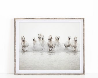 Horse Photography, Large Wall Art Print, Horse Print, Nature Photography, White Horses Running in Water, Fine Art Print, Large Art